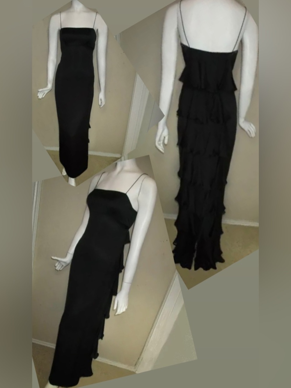 Marchesa Black Slip ruffles Maxi Dress  Elegant Spaghetti Strap form fitting 0